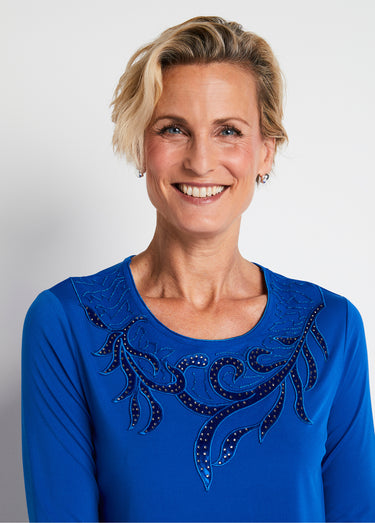 T-shirt court col rond résille brodé strass Bleu