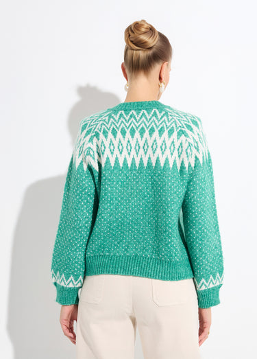 Gilet chaud boutonné jacquard graphique Vert / Écru