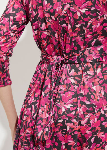 Robe courte cache-coeur maille fleurie Fuchsia/Noir