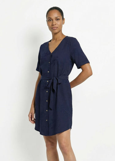 Robe chemisier col V, brodée feuillage Marine