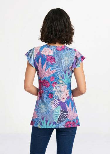 T-shirt long évasé col V drapé Bleu/Fuchsia