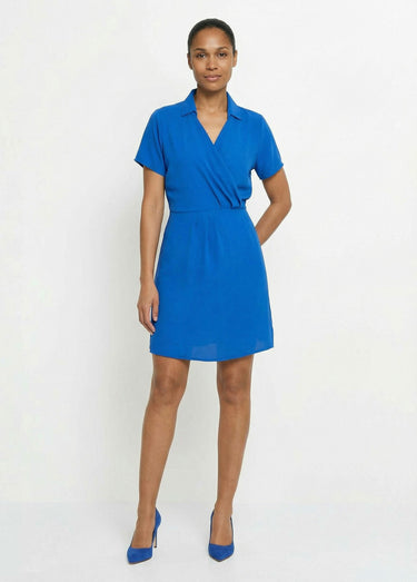 Robe col V manches courtes, Essentiel Bleu Vif