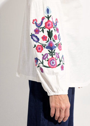 T-shirt long brodé manches longues Blanc