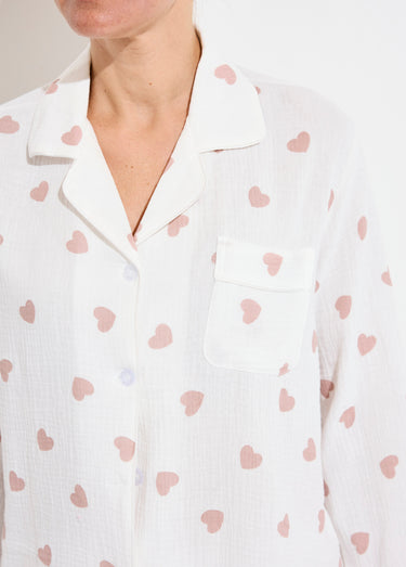 Pyjama long en gaze de coton motif cœurs Blanc