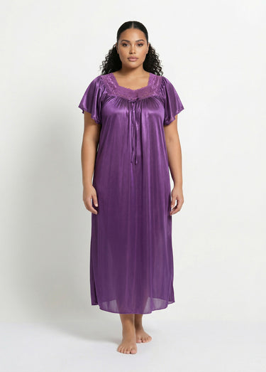 Chemise de nuit satinée longue antistatique dentelle Prune