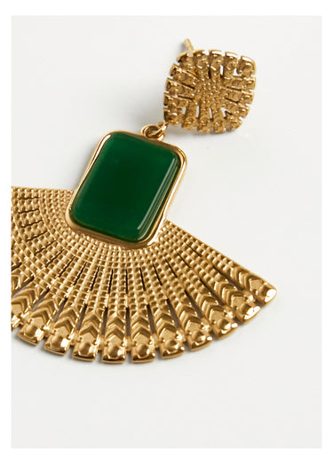 Boucles d'oreille acier forme éventail Dore/Vert