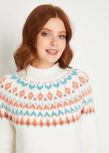 Pull chaud court col montant jacquard soleil Ecru/Aqua