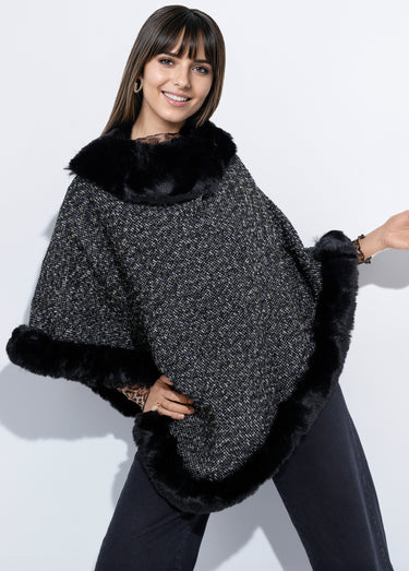 Poncho cape à carreaux détails fourrure Noir