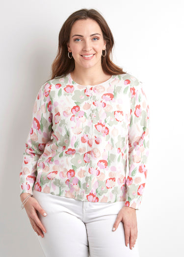 Gilet cardigan doux col rond boutonné Vert/Coquelicot