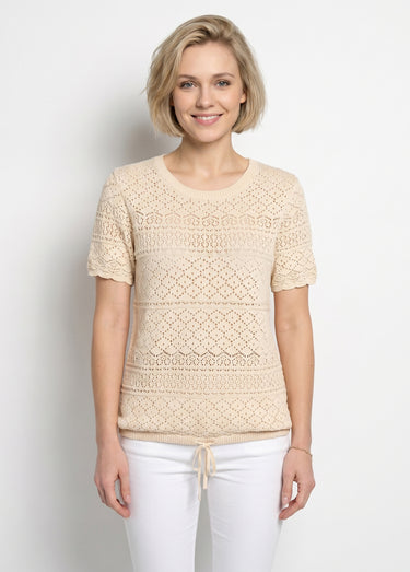 Pull manches courtes blousant ajouré col rond Ficelle