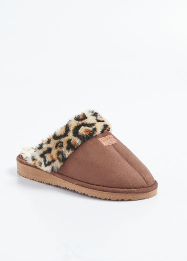 Chaussons mules confort léopard fourrés Marron