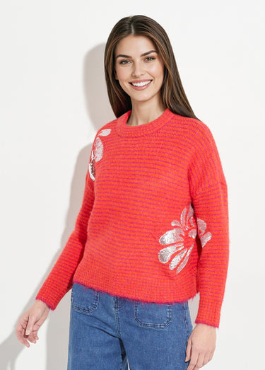 Pull chaud rayé avec laine, motifs fleur Rose/Orange