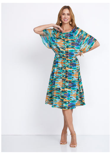 Robe courte smockée base évasée Vert/Ocre
