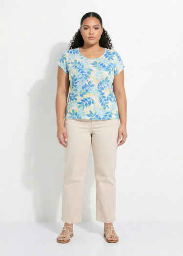 T-shirt manches courtes imprimé feuillage col rond Vert/Jaune