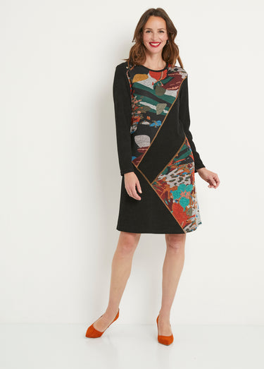 Robe courte maille fantaisie col rond Fond Noir