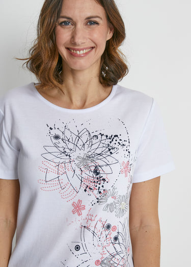 T-shirt long motif fleuri fentes côtés Blanc