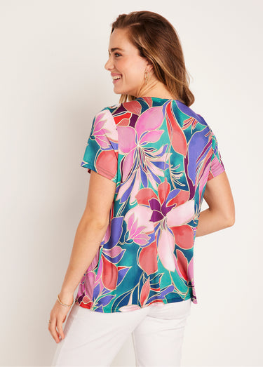 T-shirt ample long fleuri manches courtes Rose/Vert