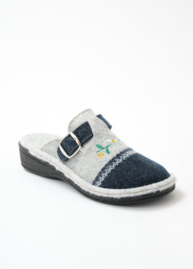 Chaussons mules brodés largeur confort Gris/Marine