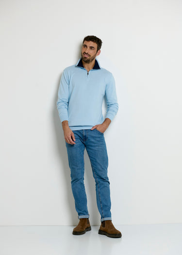 Pull col camionneur zippé contrastant Bleu Ciel