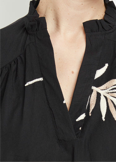 Robe housse courte, broderies feuilles Noir