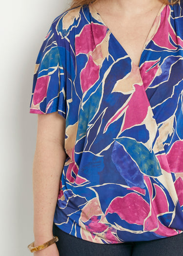 T-shirt cache-coeur long blousant motif floral Bleu/Rose