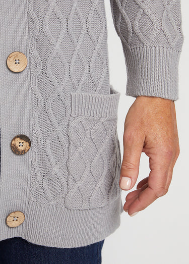 Gilet long boutonné torsades col V Gris