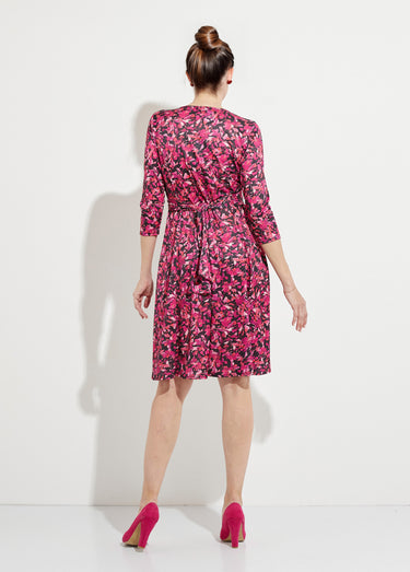 Robe courte cache-coeur maille fleurie Fuchsia/Noir
