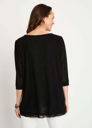 T-shirt long ample résille brodée Noir