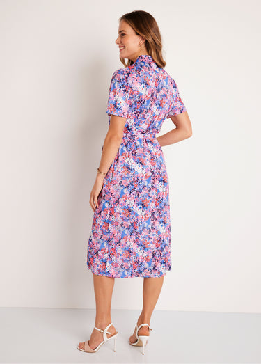 Robe droite ceinturée mi longue imprimée Bleu/Rose