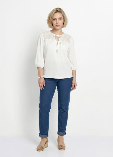 T-shirt col V à nouer manches 3/4 voile Blanc