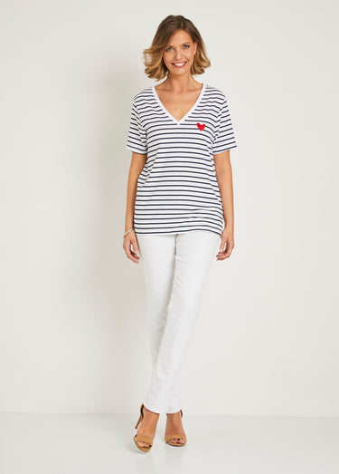 T-shirt rayé col V avec broderie cœur Raye Bleu