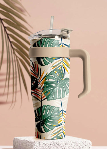 Mug de transport 1,2L floral avec paille Beige