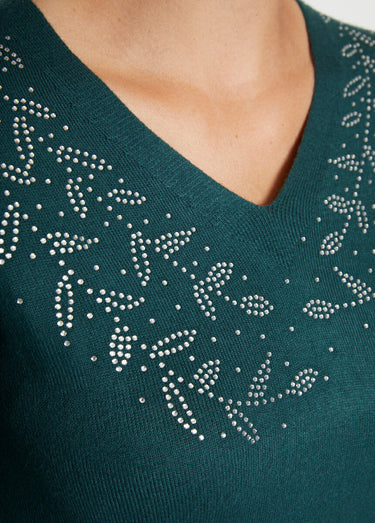 Pull col V strassé manches longues Vert Sapin