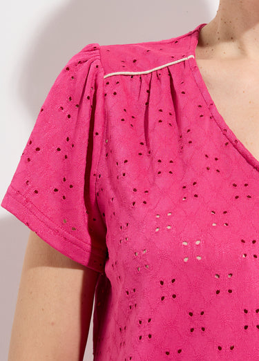 T-shirt col V effet broderie manches courtes Fuchsia