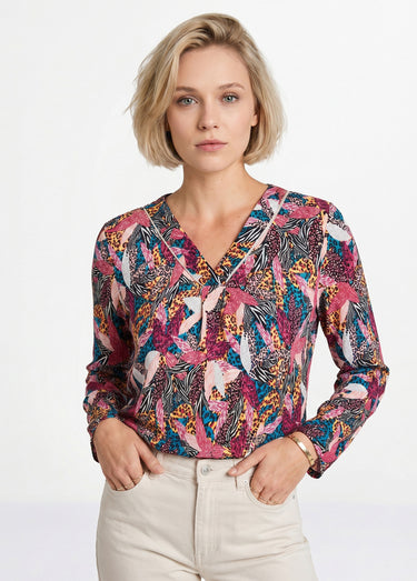 T-shirt long col V évasé manches longues Cassis/Miel