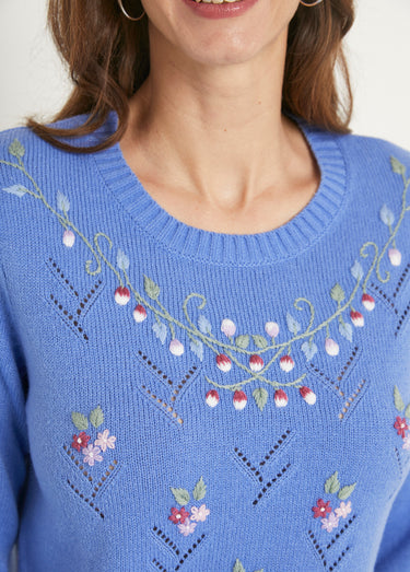 Pull doux uni brodé ajouré col rond Bleu