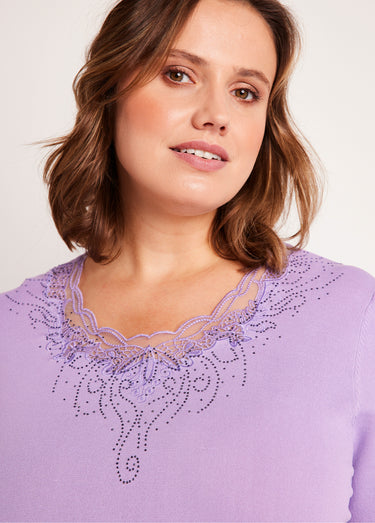 Pull fin brodé manches courtes Lilas