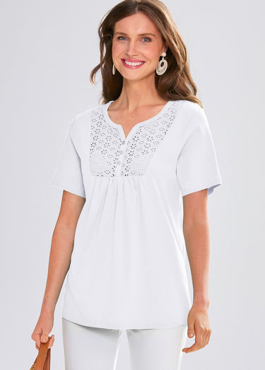 T-shirt long boutonné broderie anglaise Blanc