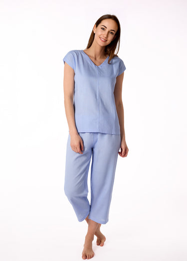 Pyjama avec lin manches courtes col V Bleu