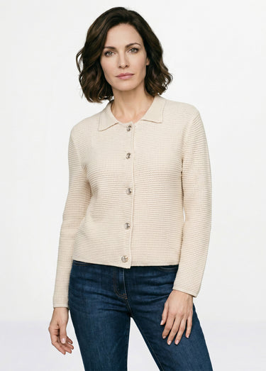 Gilet boutonné uni avec col manches longues Beige