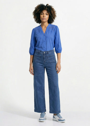 Chemisier long coton brodé manches 3/4 Bleu
