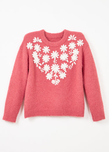 Pull moelleux col rond fleurs brodées Rose