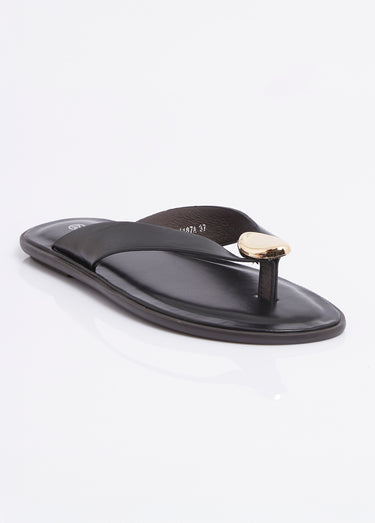 Tongs simili cuir, détail bijou métal Noir