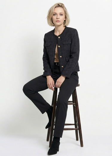 Veste tweed boutonnée frangée sans col Noir