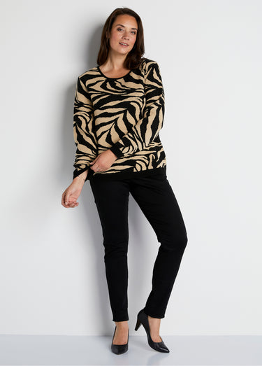 Pull doux jacquard zèbre col rond Beige/Noir