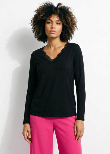 T-shirt court dentelle col V manches longues Noir