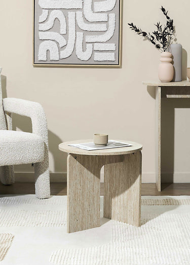 Table d'appoint design, effet pierre Blanc/Beige