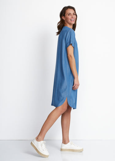 Robe courte droite tissu lyocell Bleu