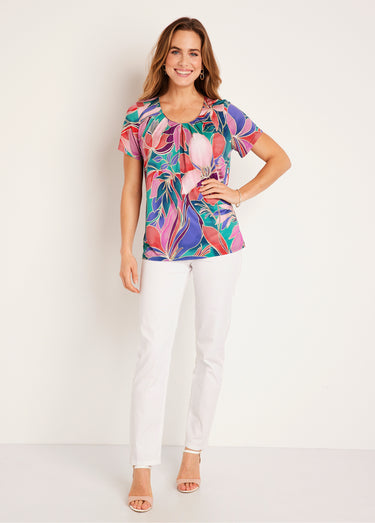 T-shirt ample long fleuri manches courtes Rose/Vert