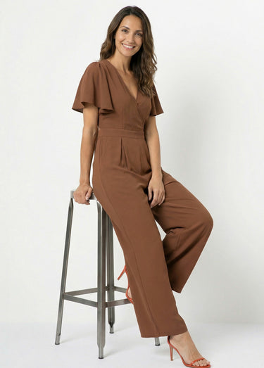 Combinaison chic encolure V, dos nu noué Chocolat